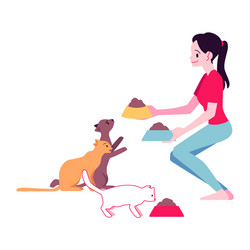 Woman Feeding Adorable Cats Vector Image