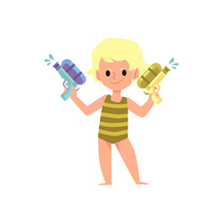 cartoon kid holding two water guns or toy pistols vector