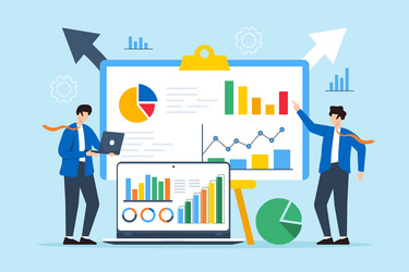flat of two men solving problems with analytical vector image