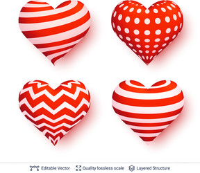 Set of 3d hearts with red and white patterns vector