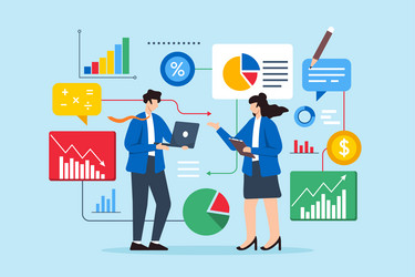 flat of two professionals analyzing data to find vector image