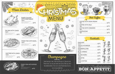 Holiday christmas menu design with champagne vector