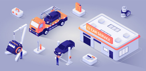 Car service building with mechanics at work vector