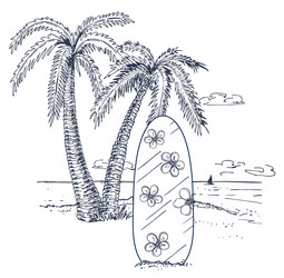 Surfboard on the beach with palm trees sketch vector