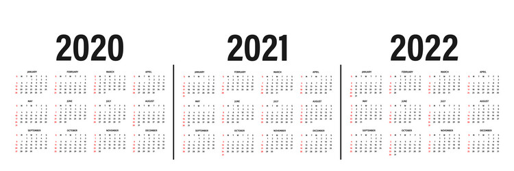 Calendar 2020 2021 and 2022 template vector