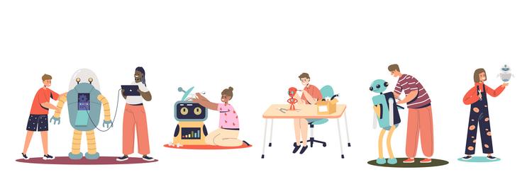 Set of creative kids building robots small vector