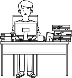Man working with desktop in desk and pile vector