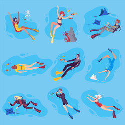 Scuba divers swimming under water with sea vector