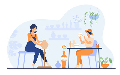 smiling female artists creating ceramic vase from vector