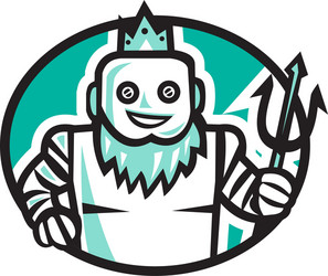 robotic poseidon holding trident oval retro vector