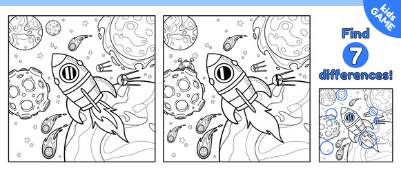 outline game find 7 differences with space rocket vector image