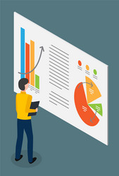 man istudying pie and bar charts with analytical vector