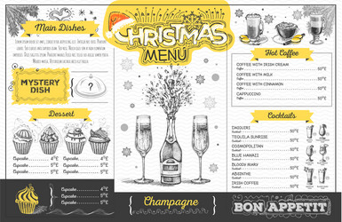 holiday christmas menu design with champagne vector