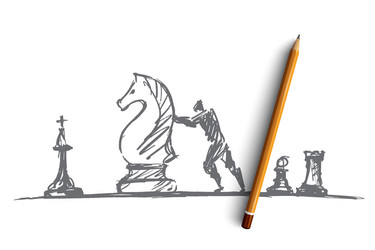 Hand drawn man moving huge chess figure vector