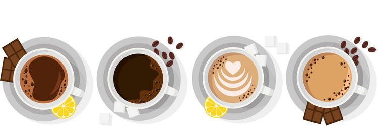 four types of coffee in cups with slices lemon vector image