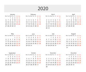 2020 calendar pocket basic grid template vector