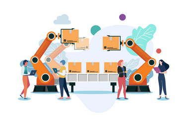 people with automation robot arm machine in smart vector image