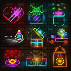 Vip neon icons set different types gift boxes vector