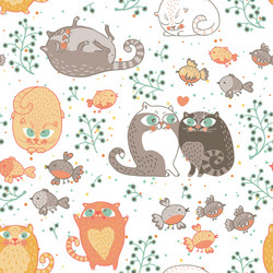 Cute Cats and Birds Pattern Vector Image