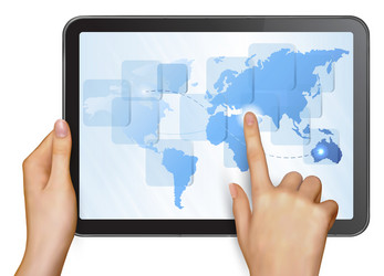 Hands and tablet with world map vector