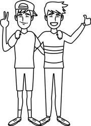 Two boys smiling hugging and waving their hands vector