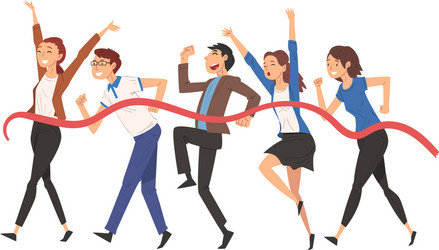 Business people crossing finish line team vector