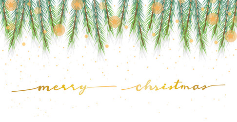 Christmas pine leafs banner with golden vector