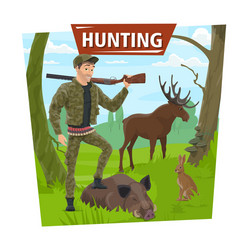 hunter in forest with wild animals trophy Vector Image