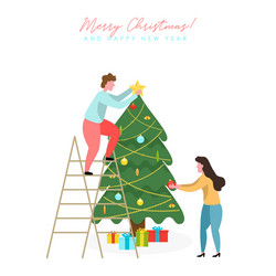 people decorating christmas tree vector