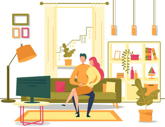 Young man and woman in love watching tv together vector