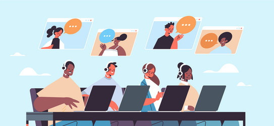 operators with headset chatting clients call vector image