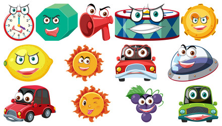 set of different toy objects with smiley faces vector image