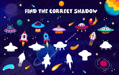 Find correct shadow of rocket and ufo game quiz vector