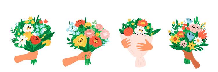 cartoon hands hold flowers beautiful bouquets Vector Image