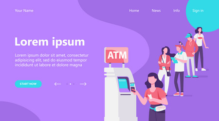 Queue of people standing for using atm Royalty Free Vector