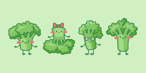 Cute broccoli characters cartoon isolated vector