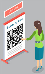 Woman uses smartphone scanning qr code barcode vector