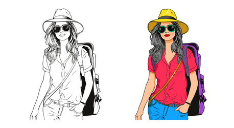 Young woman with a backpacker goes on vacation vector