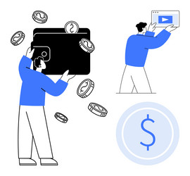 man holding wallet with floating coins and another vector image
