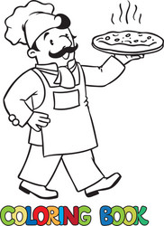 Coloring book of funny baker or chef with pizza vector