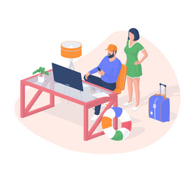 People booking tickets for vacation isometric vector