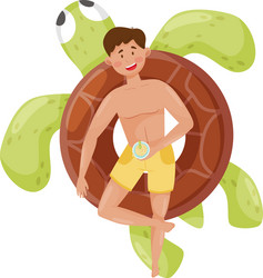 smiling man character floating on rubber turtle vector