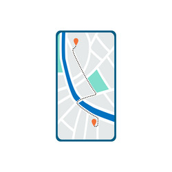 flat phone screen with map app showing route vector