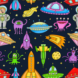 seamless pattern with space objects - ufo rockets vector