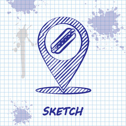 sketch line map pointer with fast food hotdog icon vector