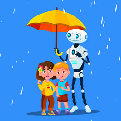 robot keeps an open umbrella over little child vector image