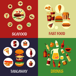 seafood fast food and drinks flat icons vector