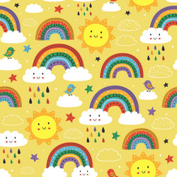 Poster with cute rainbow cloud bird and sun Vector Image