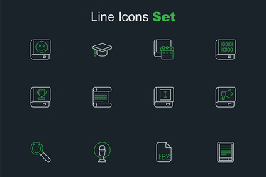 Set line e-book reader fb2 file microphone vector