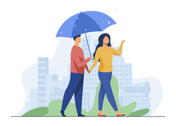 young couple walking under umbrella in rainy day vector